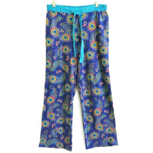 Nick and Nora Pajama Pants Blue Peacock Feather Hearts Drawstring Bottoms S - Picture 1 of 8